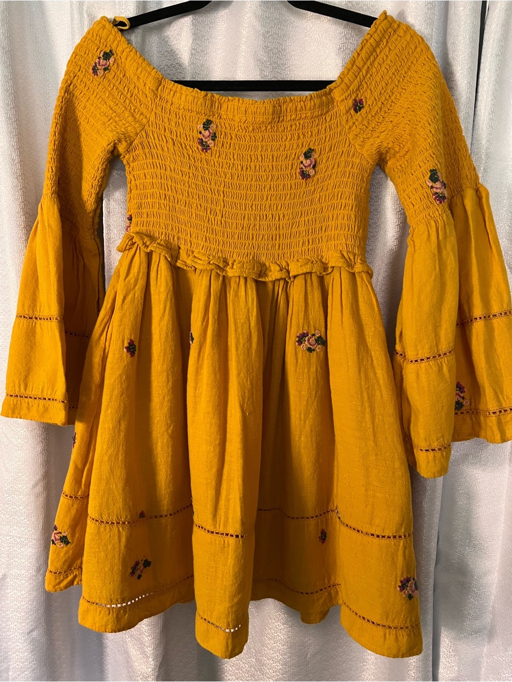 Mustard Yellow Embroidered Smocked Dress